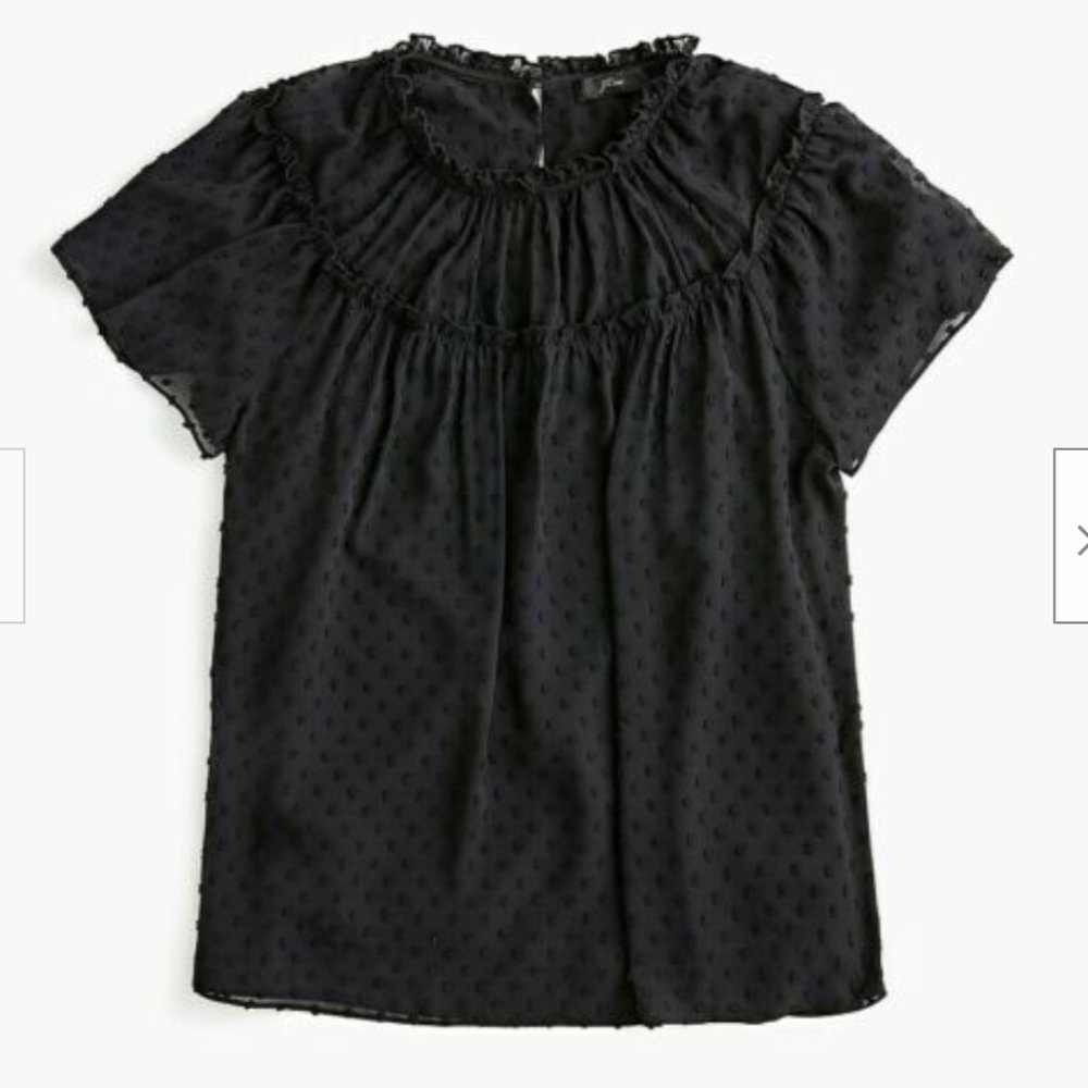 Black gathered top in drapey swiss dot